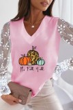 Pink Yellow Casual Print Patchwork V Neck Tops