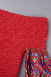 Robe longue rouge décontractée imprimée patchwork à épaules dénudées