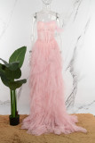 Vestido largo sin tirantes transparente, color rosa claro, sexy, formal, de retazos lisos, transparente