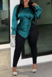 Green Casual Solid Slit O Neck Tops