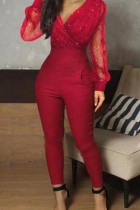 Red Casual Solid Patchwork V Neck Skinny Jumpsuits
