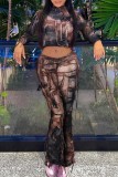 Brown Casual Print Tassel Half A Turtleneck Long Sleeve Two Pieces