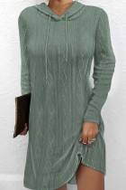 Green Casual Solid Basic Hooded Collar Long Sleeve Dresses