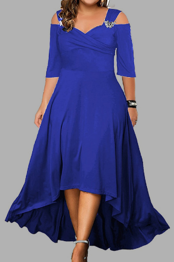 Blaues, lässiges, einfarbiges, asymmetrisches, langes Kleid mit V-Ausschnitt und Kleider in Übergröße
