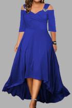 Bleu décontracté solide asymétrique col en V robe longue robes de grande taille