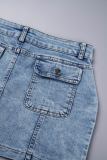Blue Sexy Street Solid Patchwork Pocket Buttons Zipper Mid Waist Regular Cargo Denim Mini Skirts