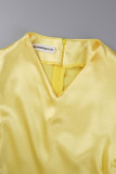 Amarelo casual sólido patchwork fenda decote em V manga longa duas peças