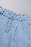 Jeans de mezclilla sueltos de cintura baja con cremallera y botones de bolsillo de patchwork liso casual azul claro