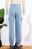 Jeans in denim larghi a vita bassa con bottoni tascabili patchwork solidi casual azzurri