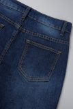 Jean skinny en denim bleu foncé à patchwork uni décontracté à taille haute