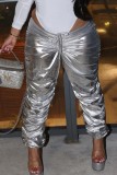 Pantalones de color liso convencionales con cintura media ajustados y pliegues sólidos informales plateados