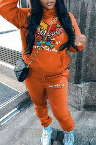 Orange Casual Print Patchwork Draw String Pocket Hooded Collar Long Sleeve Two Pieces
