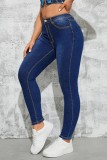 Jeans skinny in denim a vita alta casual con patchwork solido blu scuro