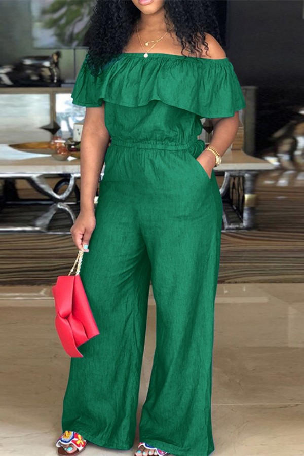 Green Casual Patchwork Off the Shoulder Plus Size Jumpsuits