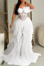 ホワイト セクシー フォーマル ソリッド パッチワーク シースルー バックレス ストラップレス ロング ドレス ドレス