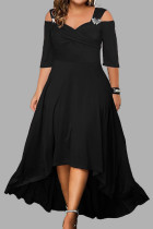 Schwarzes, lässiges, einfarbiges, asymmetrisches, langes Kleid mit V-Ausschnitt und Kleider in Übergröße