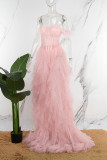 Vestido largo sin tirantes transparente, color rosa claro, sexy, formal, de retazos lisos, transparente