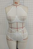 White Sexy Solid See-through Backless O Neck Plus Size Underwear Set