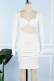 Белые сексуальные повседневные однотонные платья с V-образным вырезом и длинными рукавами