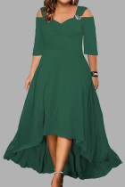 Vestido longo verde casual sólido assimétrico com decote em V Vestidos plus size