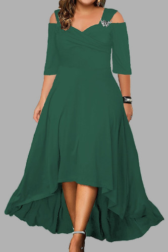 Зеленое повседневное однотонное асимметричное длинное платье с V-образным вырезом Платья больших размеров