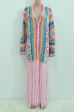 Pink Casual Tassel Bandage Hollowed Out Patchwork Cardigan Collar Outerwear
