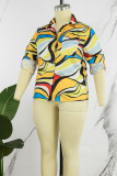 Yellow Casual Print Patchwork Shirt Collar Plus Size Tops