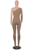 Khaki Casual Solid Backless Oblique Collar Skinny Jumpsuits