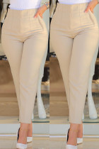 Pantaloni skinny casual a tinta unita a vita alta con patchwork solido casual color albicocca