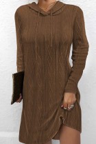 ダークブラウンカジュアルソリッドベーシックフード付きカラー長袖ドレス