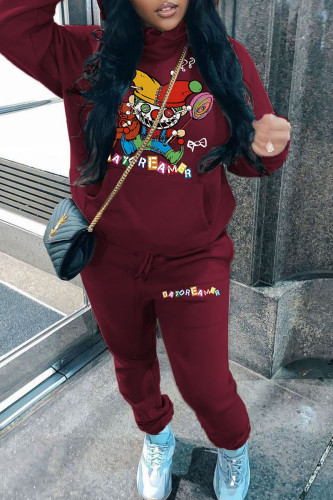 Burgundy Casual Print Patchwork Draw String Pocket Hooded Collar Long Sleeve Two Pieces