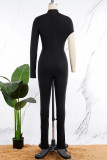 Black Sexy Casual Solid Hollowed Out Asymmetrical Turtleneck Skinny Jumpsuits