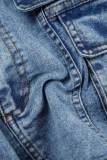 Faldas mezclilla regular de cintura media con cremallera y botones de bolsillo de patchwork liso sexy azul azul
