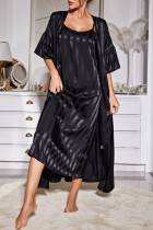 Black Casual Striped Patchwork Sleepwear Two Piece Set