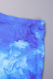 Blue Sexy Street Tie Dye Patchwork Printing V Neck Long Sleeve Two Pieces