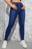 Jeans skinny in denim a vita alta casual con patchwork solido blu scuro