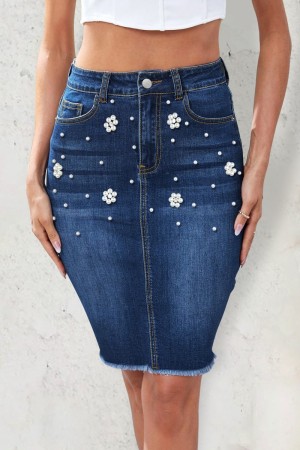 Dark Blue Casual Patchwork Pearl High Waist Regular Floral Print Denim Midi Skirts