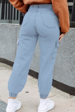 Tiefblaue, lässige, solide Patchwork-Taschenknöpfe, Reißverschluss, niedrige Taille, lockere Denim-Jeans