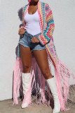 Pink Casual Tassel Bandage Hollowed Out Patchwork Cardigan Collar Outerwear