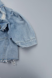 Голубая повседневная однотонная джинсовая куртка с отложным воротником и короткими рукавами в стиле пэчворк