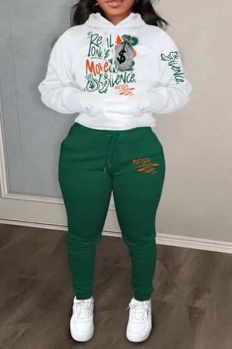 White Casual Letter Print Long Sleeve Pocket Hooded Collar Sweatshirt And Draw String Pants Sportwear Plus Size Two Piece Jogger Set
