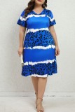 Blue Casual Print Basic V Neck Short Sleeve Dress Plus Size Dresses