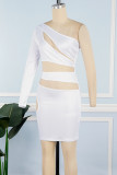 Белые сексуальные однотонные платья с длинным рукавом и вырезом на спине с косым воротником