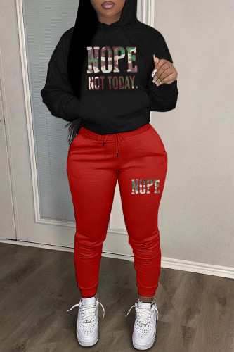 Black Red Casual Letter Patchwork Draw String Pocket Hooded Collar Long Sleeve Two Pieces