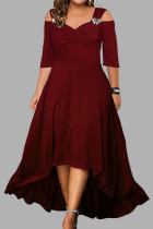 Bordeauxrode casual effen asymmetrische lange jurk met V-hals Grote maten jurken