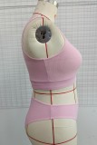 Conjunto de roupa íntima rosa sexy sólido vazado sem costas com decote em U Plus Size