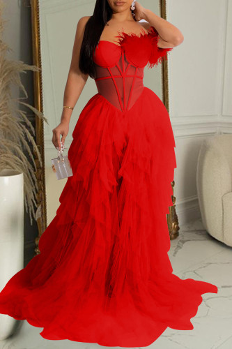 Red Sexy Formal Solid Patchwork See-through Backless Strapless Long Dress Dresses