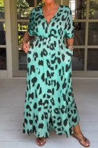 Lake Blue Casual Print Leopard Patchwork V Neck Long Dress Dresses