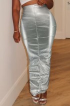 Серебряные повседневные однотонные облегающие юбки с высокой талией и разрезом, обычные однотонные юбки