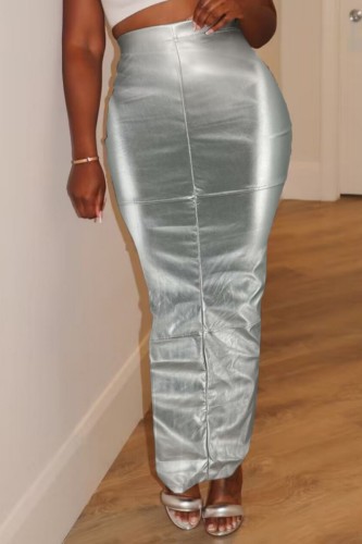 Silberfarbene, lässige, einfarbige Röcke mit schmalem Schlitz und hoher Taille
